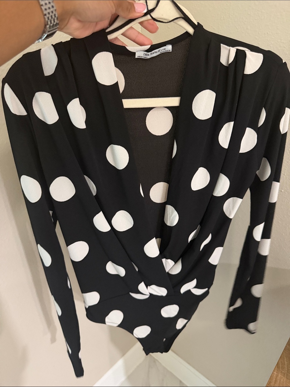 Zara Black and White Polka Dot Wrap-Front Bodysuit